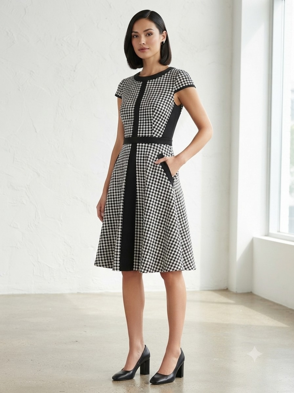 Julia Jordan Black & White Houndstooth Fit & Flare Dress Size 8
